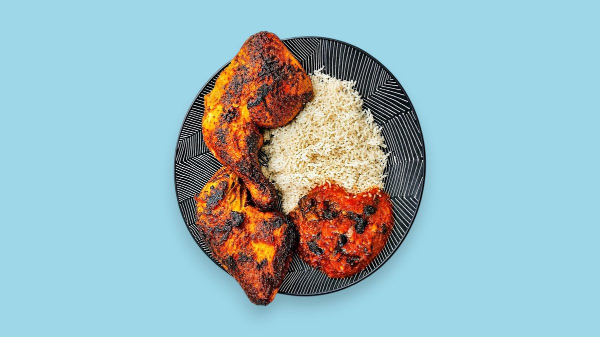 Roast chicken legs with rice and salsa