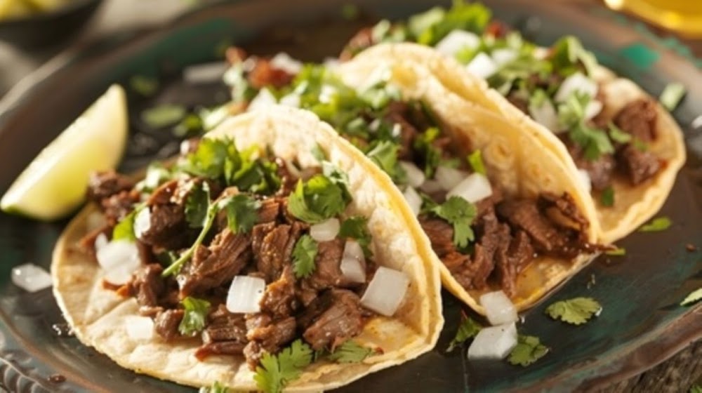 Tacos topped with cilantro, onion and lime