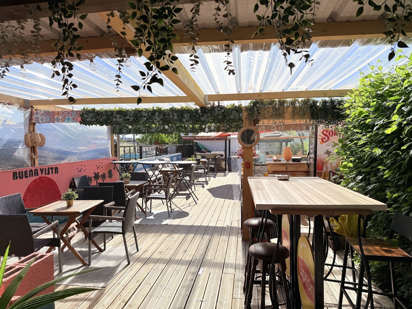 Covered garden terrace with wooden deck, plants and the Buena Vista sunset mural